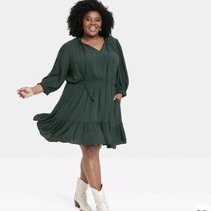 Long Sleeve dark green A-Line Dress